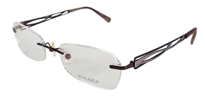 Eyeglasses with a visible brand name on a light background