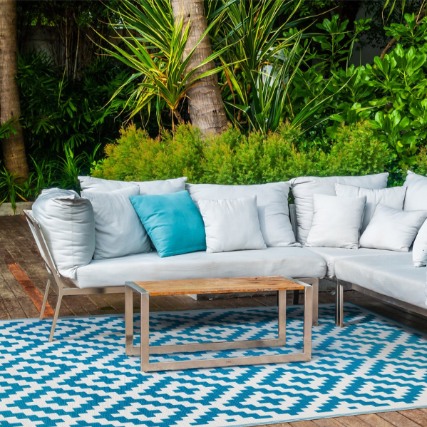 Aztec Teal and White Outdoor Rug - Fab Habitat , Recycled Plastic Rugs & Mats,