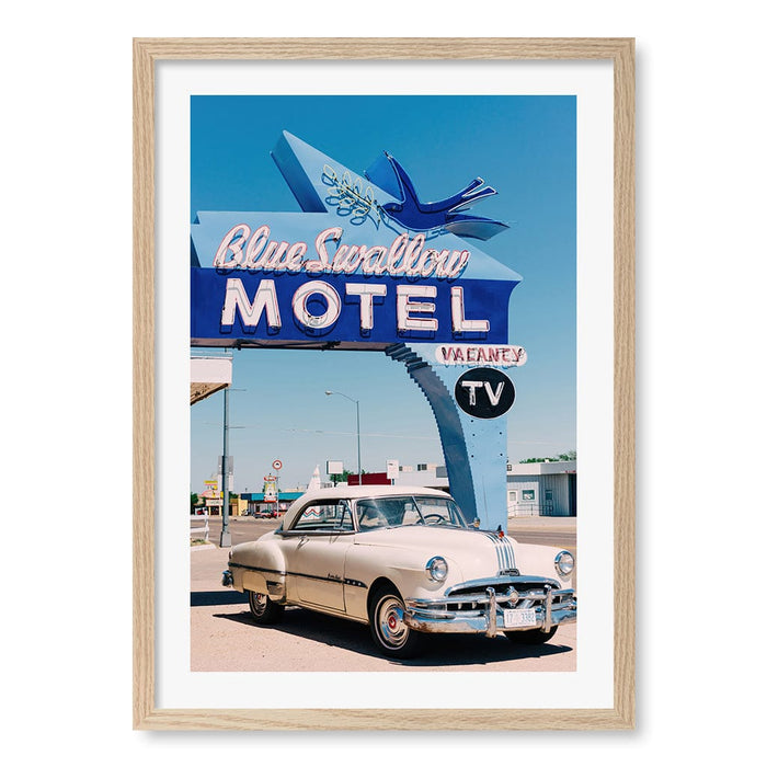 Blue Swallow Motel Retro Art Print by Bethany Young A4 (21 x 29.7cm) / Natural Oak Frame / White Border from our Australian Made Framed Wall Art, Prints & Posters collection by Profile Australia