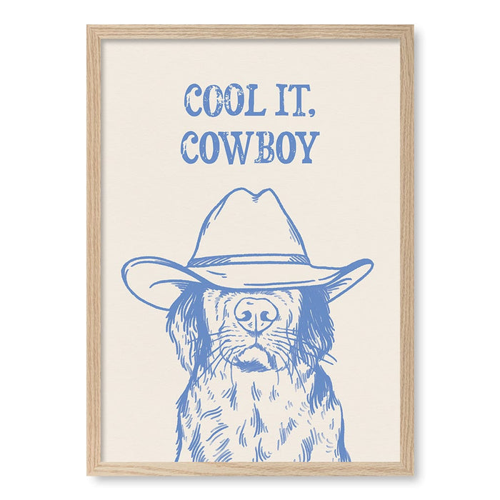Cool It Cowboy Blue Dog Art Print by Tara Royle A4 (21 x 29.7cm) / Natural Oak Frame / No Border from our Australian Made Framed Wall Art, Prints & Posters collection by Profile Australia