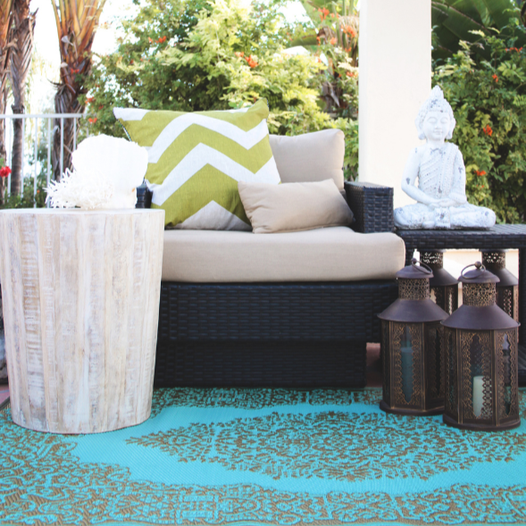 Istanbul Bronze and Aqua Traditional Recycled Plastic Outdoor Rug - Fab Habitat , Recycled Plastic Rugs & Mats,