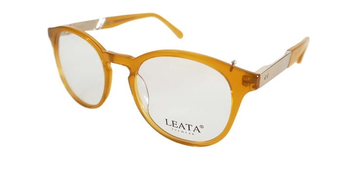 Yellow eyeglasses with 'LEATA' branding on a white background
