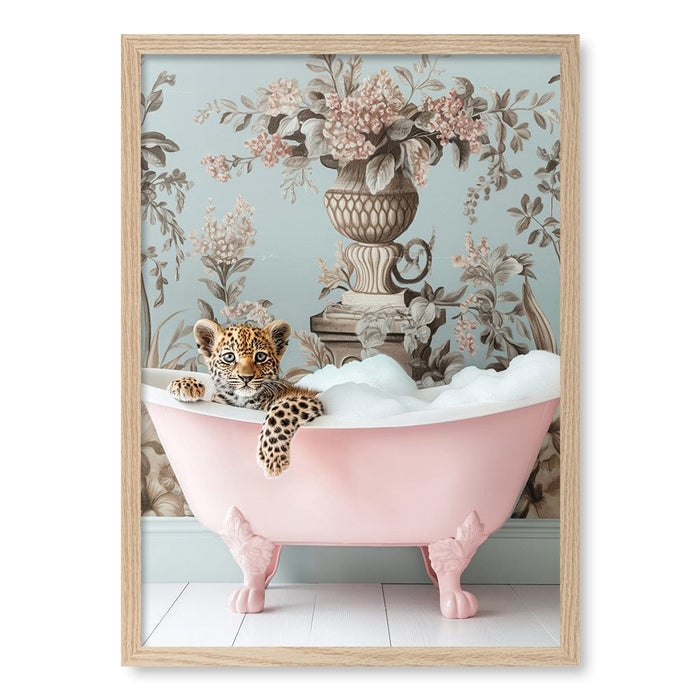 Leopard Bubble Bath Wall Art Print by Niky Rahner A4 (21 x 29.7cm) / Natural Oak Frame / No Border from our Australian Made Framed Wall Art, Prints & Posters collection by Profile Australia