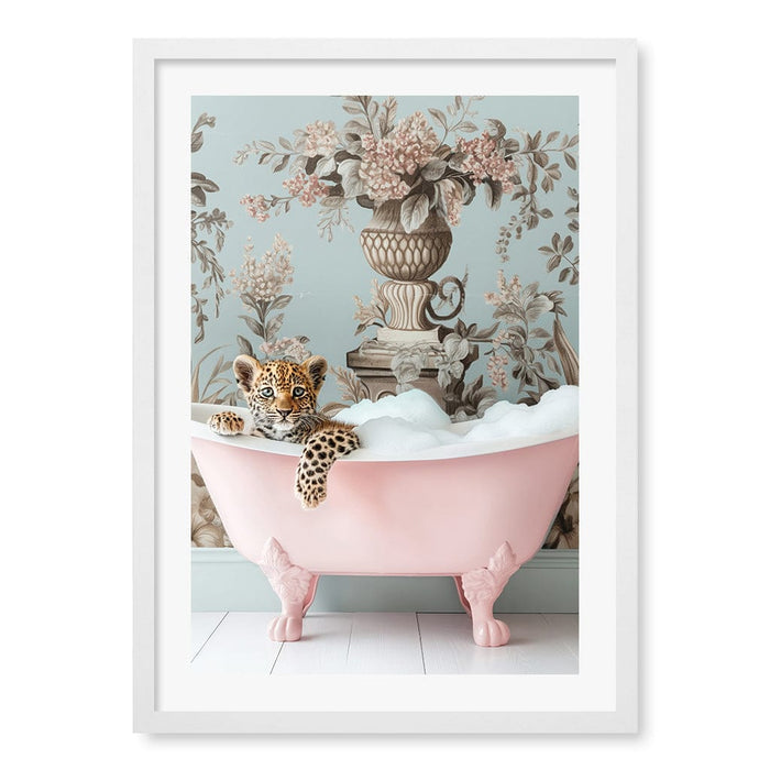 Leopard Bubble Bath Wall Art Print A4 (21 x 29.7cm) / Matte White Frame / White Border from our Australian Made Framed Wall Art, Prints & Posters collection by Profile Australia