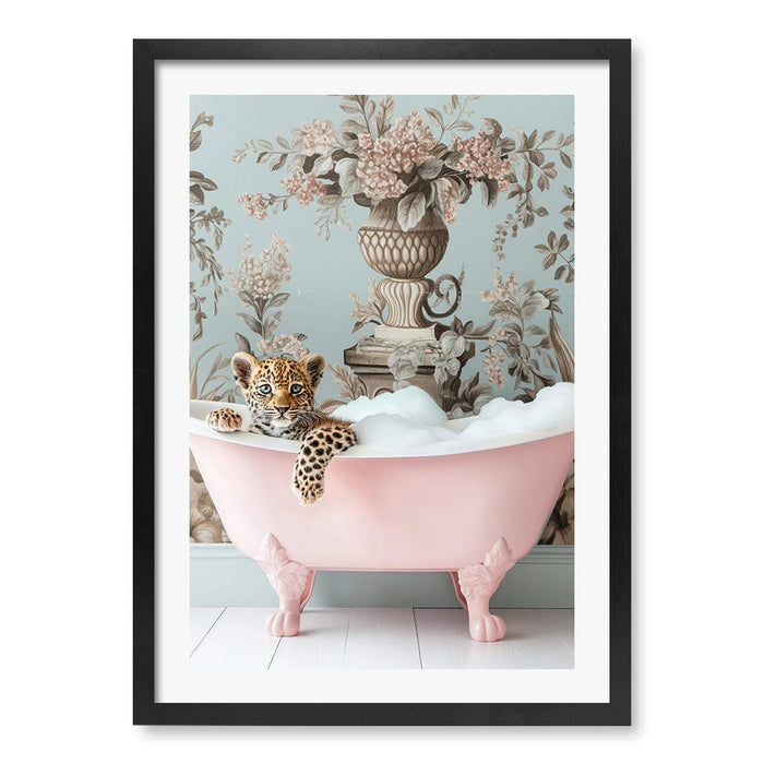 Leopard Bubble Bath Wall Art Print A4 (21 x 29.7cm) / Matte Black Frame / White Border from our Australian Made Framed Wall Art, Prints & Posters collection by Profile Australia