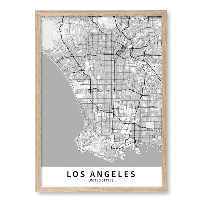 Los Angeles City Map Print - Los Angeles Map Wall Art A2 (42 x 59.4cm) / Natural Oak Frame / No Border from our Australian Made Framed Wall Art, Prints & Posters collection by Profile Australia