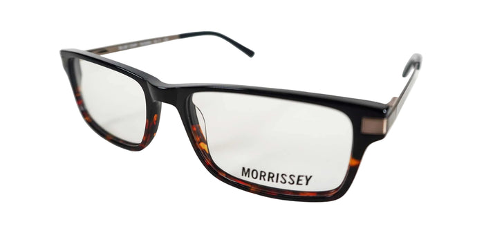Black and tortoiseshell glasses with 'Morrissey' branding on a white background