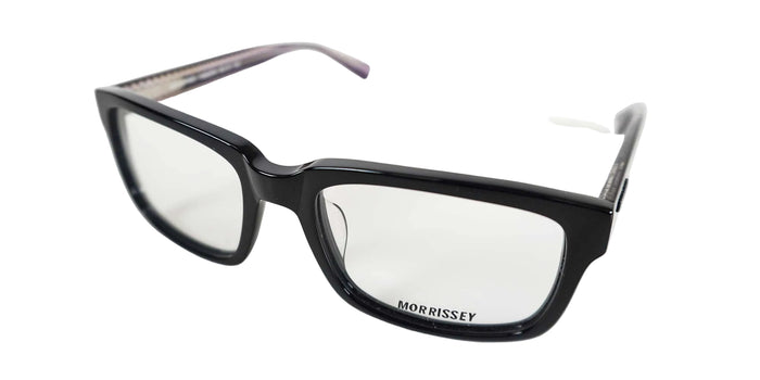 Black eyeglasses with 'Morrissey' branding on a white background