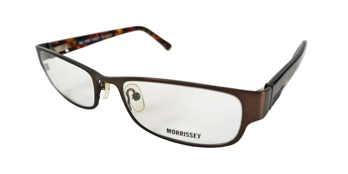 Brown eyeglasses with 'Morrissey' branding on a white background
