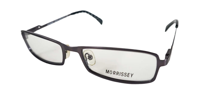 Black eyeglasses with 'Morrissey' branding on a white background