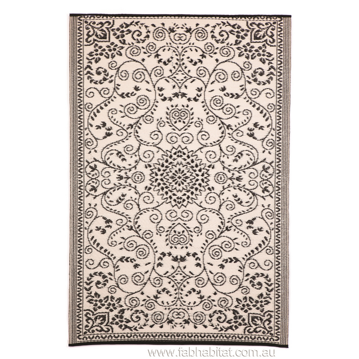 Murano Black and Cream Traditional Recycled Plastic Reversible Outdoor Rug - Fab Habitat , Recycled Plastic Rugs & Mats,
