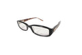 Black eyeglasses with tortoiseshell accents on a white background