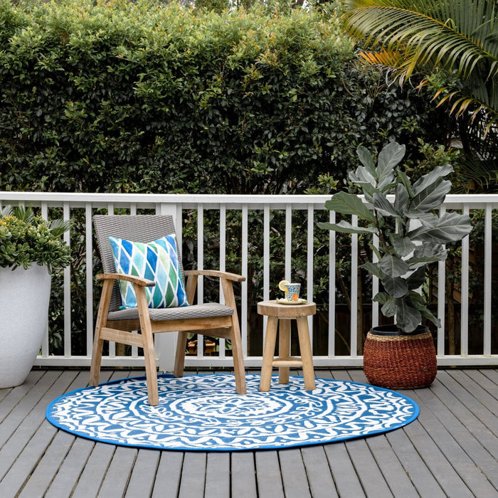 Pushpa Blue and White Floral Recycled Plastic Reversible Outdoor Rug - Fab Habitat , Recycled Plastic Rugs & Mats,